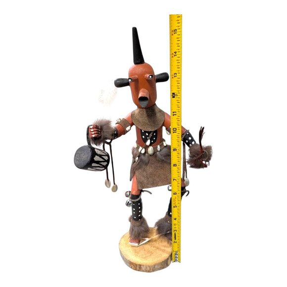 Vintage Mudhead Native American Kachina Doll  Feathers & Drum Signed Lang 16" - Picture 5 of 13